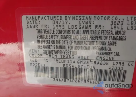 2017 Nissan Sentra Sv z USA, uszkodzony, nr VIN 3N1AB7AP8HY321100